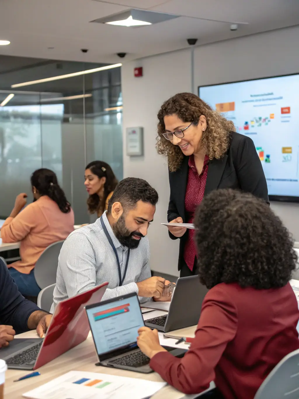 A professional coach facilitating a leadership development workshop in a modern office setting in Johannesburg, South Africa. The participants are diverse and engaged in a team-building exercise.