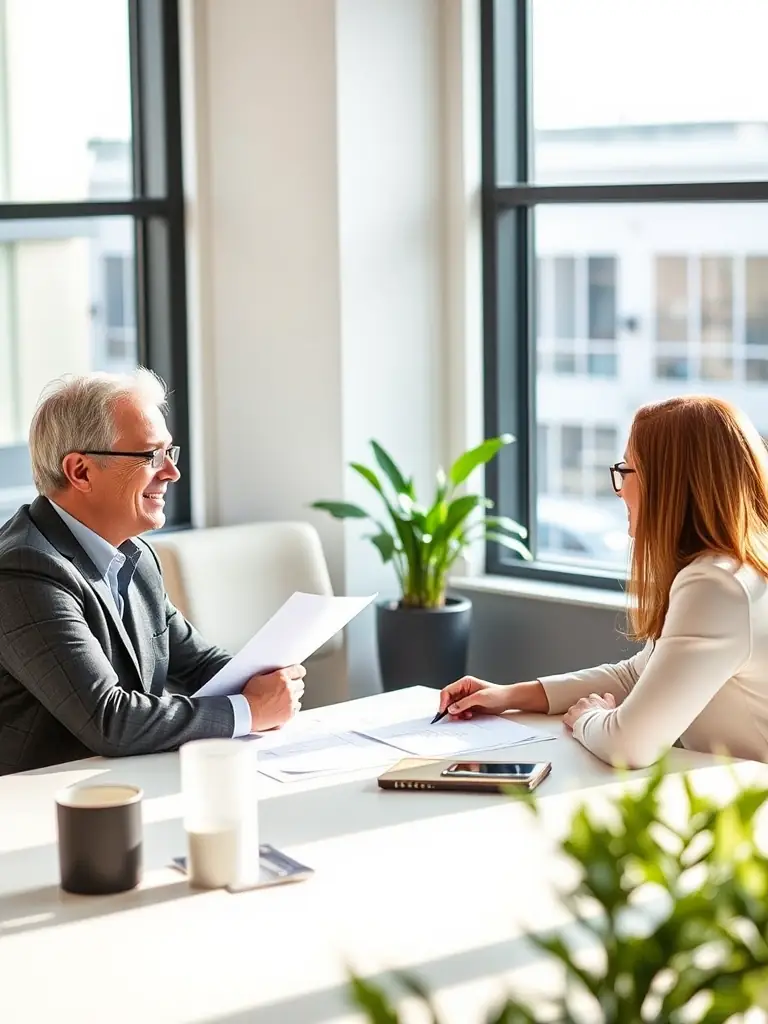 A professional South African business coach in a modern office setting, guiding a client through a strategic planning session, with charts and graphs visible on a large screen in the background.